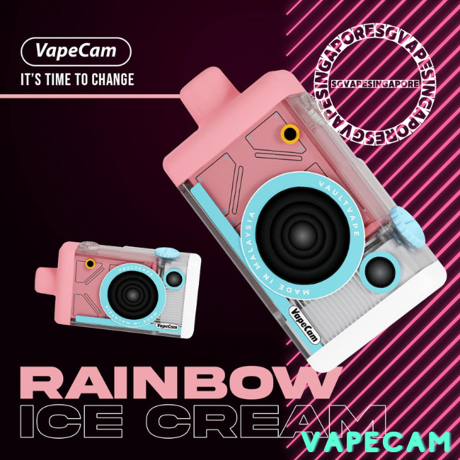 Discover the Vape Cam 12k puff disposable vape, available at VapeTape, a leading vape store in Singapore. This new arrival is perfect for those who enjoy rainbow ice cream and grape-flavored vapes. Get yours now!