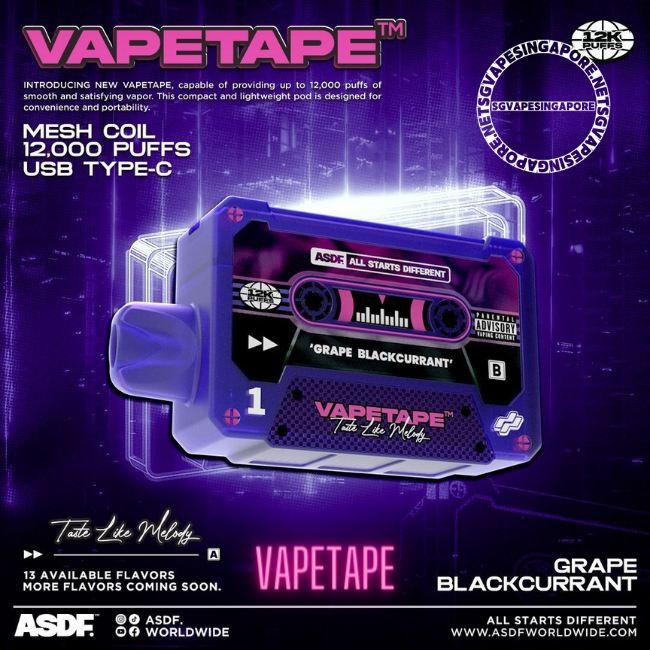 Vapetape 12000 puff disposable vape is a popular vaping product available at SG Vape Singapore. Discover the features and benefits of this vape tape, including its impressive 8000 puff capacity and the refreshing Solero and grape blackcurrant flavor it offers.