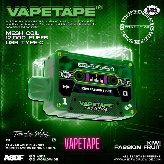 Looking for the Vapetape 12000 puff disposable vape in Singapore? Check out SG Vape Singapore, your trusted vape shop. We offer a wide selection of vape products, including the popular Solero, kiwi passion and Vapetape 8k. Shop now for all your vaping needs.